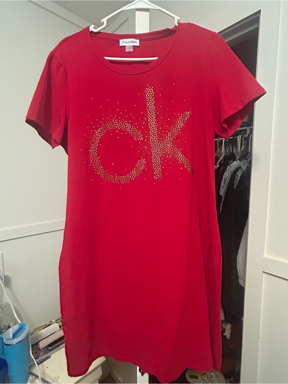 Calvin Klein Red Short Sleeve Tee Dress with Sparkling CK Logo